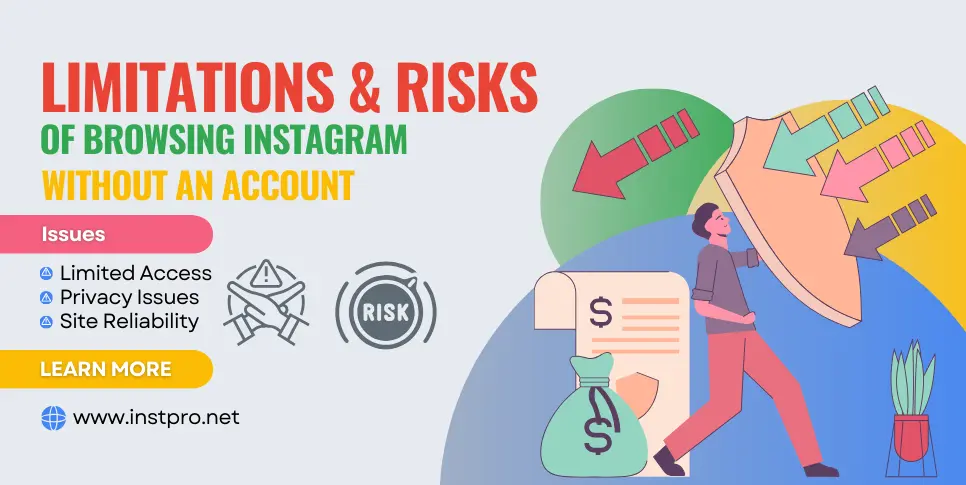 Limitations and risks of browsing Instagram without an account, including limited access, no interaction options, privacy concerns, and potential data security risks.