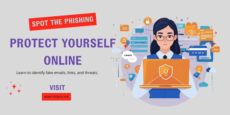 Phishing warning: fishing hook, suspicious email, fake URL, and security symbols.